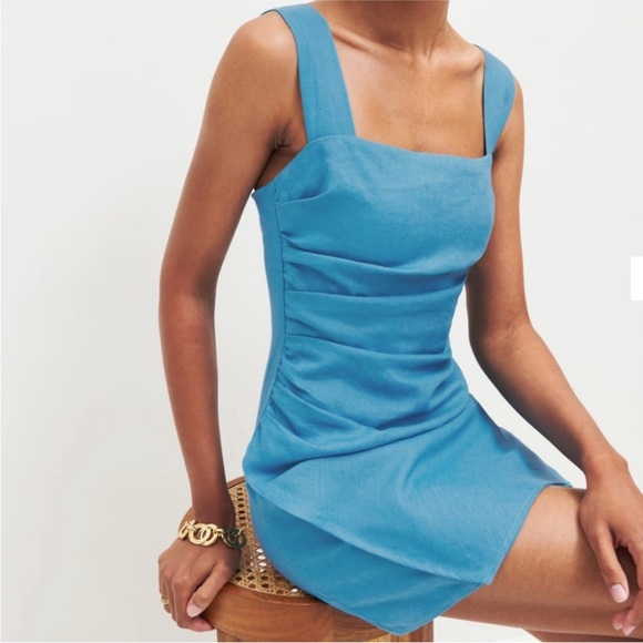 Reformation Blue Linen Kerrigan Mini Dress | Size 8 - Picture 1 of 7
